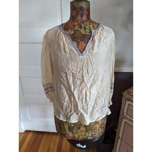 Velvet Womens Metallic Embroidered Long Sleeve Y Neck Top Blouse Beige Medium